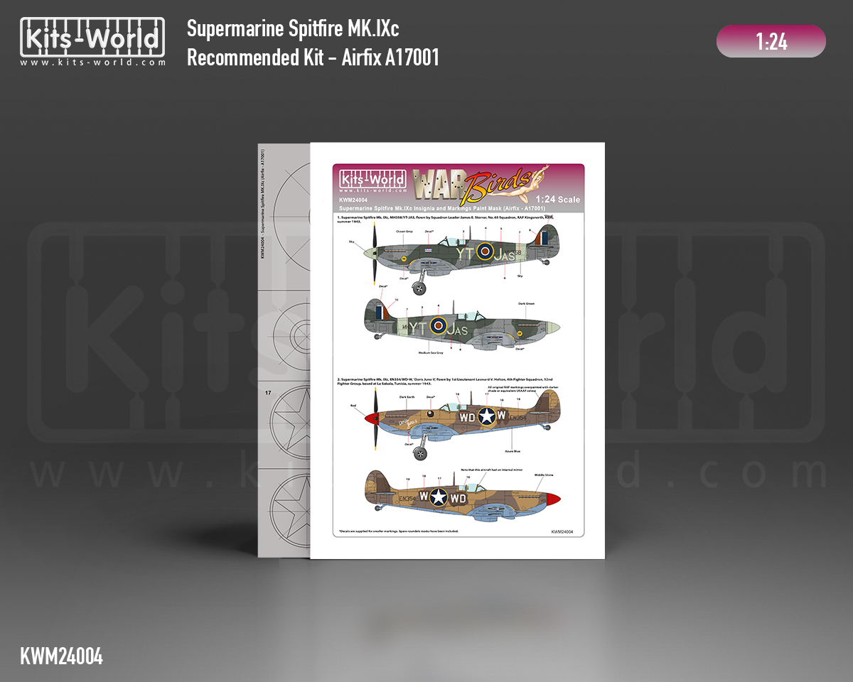 Kitsworld Kitsworld - 1:24 Scale Paint Mask Supermarine Spitfire Mk. IXc KWM24004 MH358/YT-JAS No. 65 Squadron, EN354/WD-W 4th Fighter Squadron 